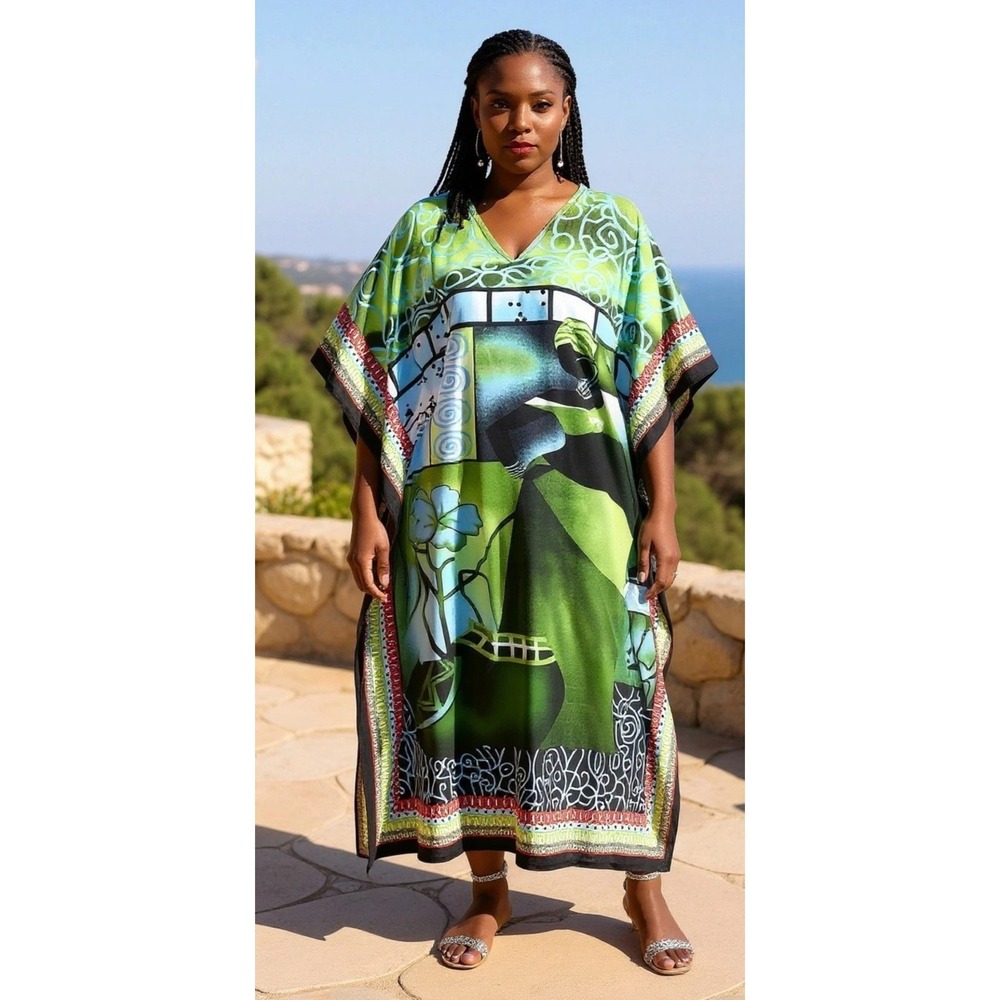 Gypsie Blu Caftan Dress Womens One Size Green Blue Graphic Boho Maxi Art to Wear